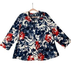Green Dog Blouse Women 1X Red White Blue Button Floral Lightweight Crinkle Style